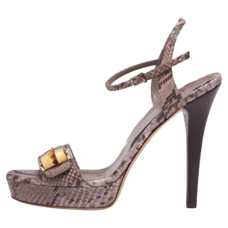 Gucci Purple/Brown Python Leather Bamboo Ankle Straps Platform Sandals Size 37 For Sale