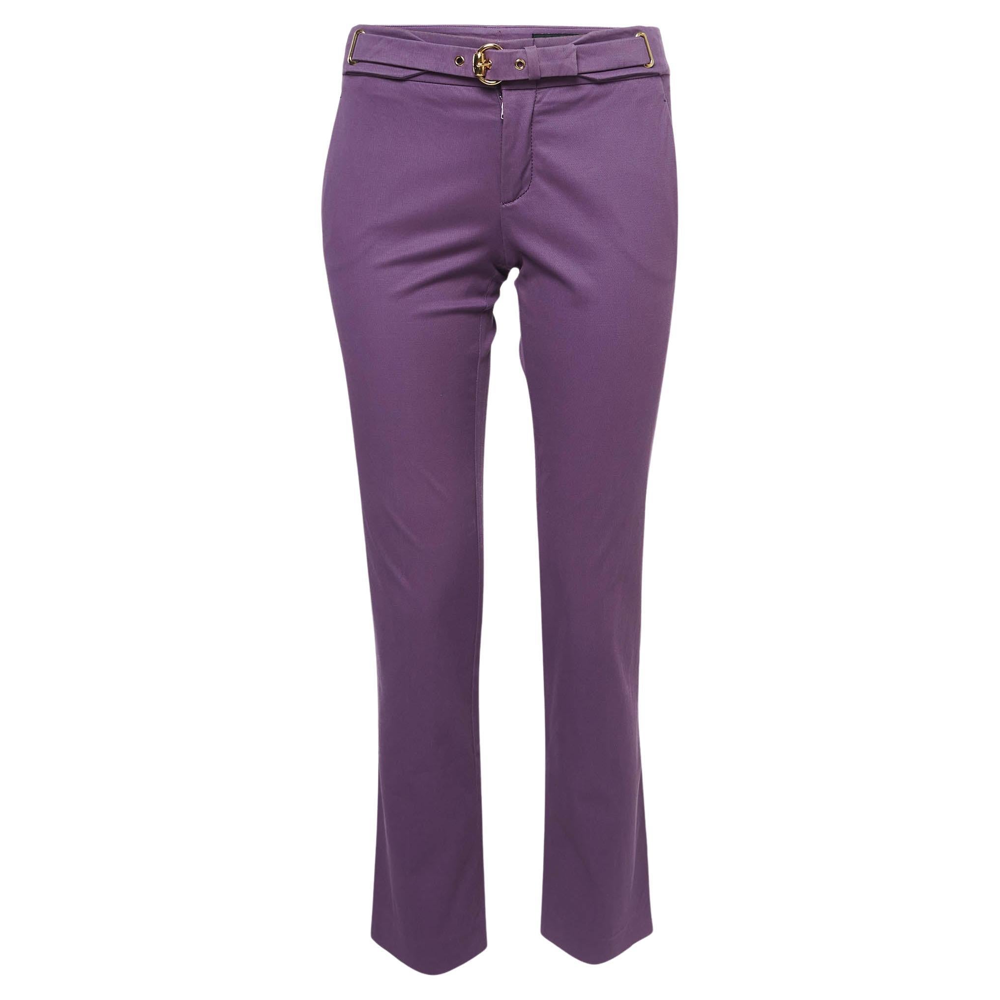 Gucci Purple Cotton Twill Belted Straight Leg Pants M For Sale