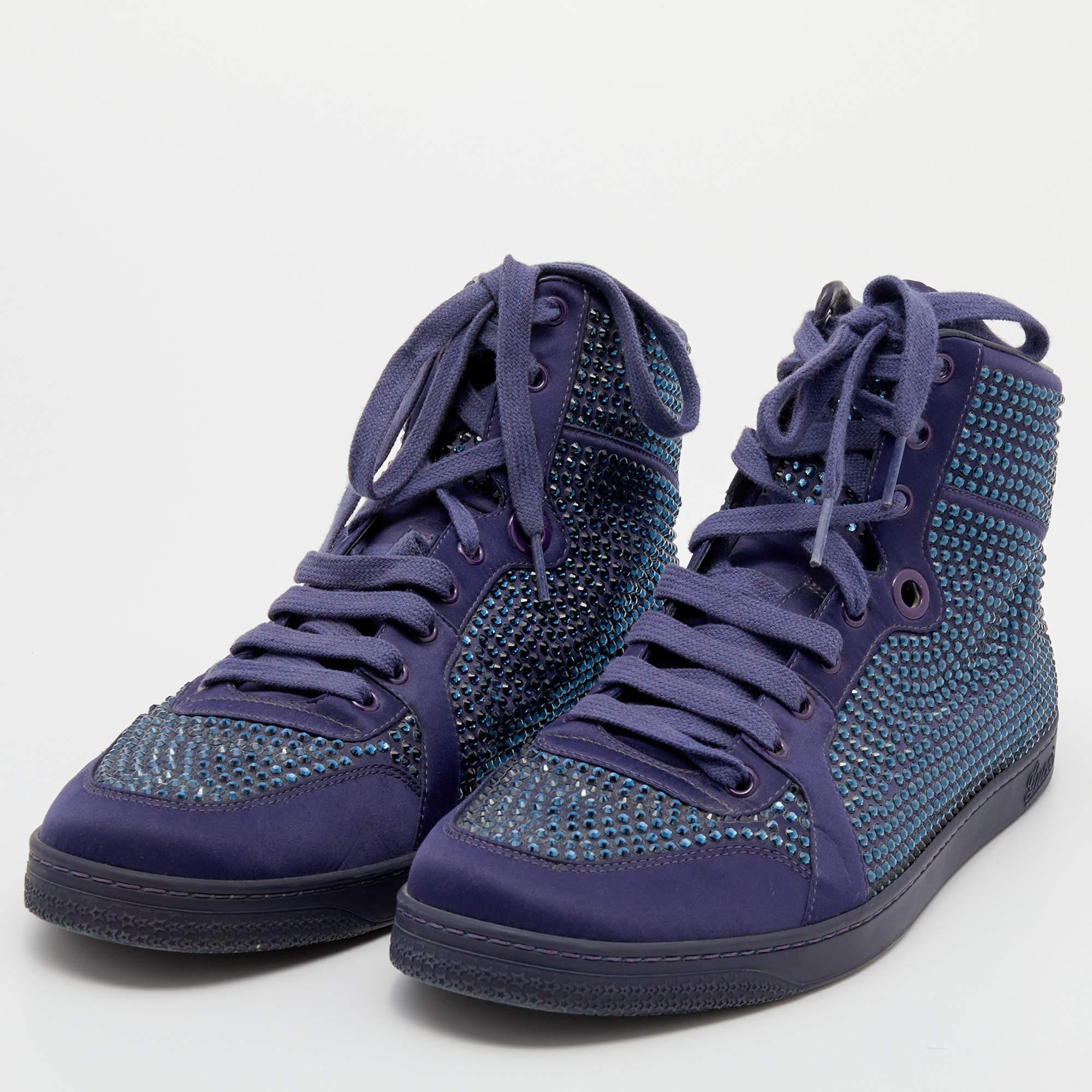 Men's Gucci Purple Crystal Embellished Satin And Leather High Top Sneakers Size 43.5