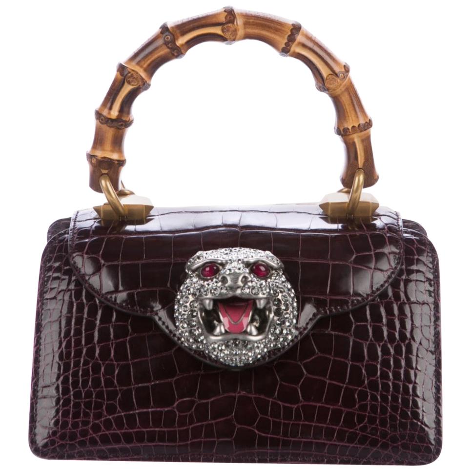 Gucci Purple Exotic Skin Crystal Top Handle Satchel Small Kelly Style Flap Bag