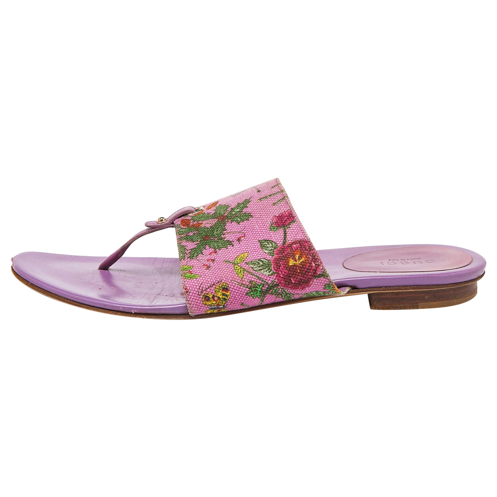 Gucci Purple Floral Canvas and Leather Thong Slide Flats Size 39.5