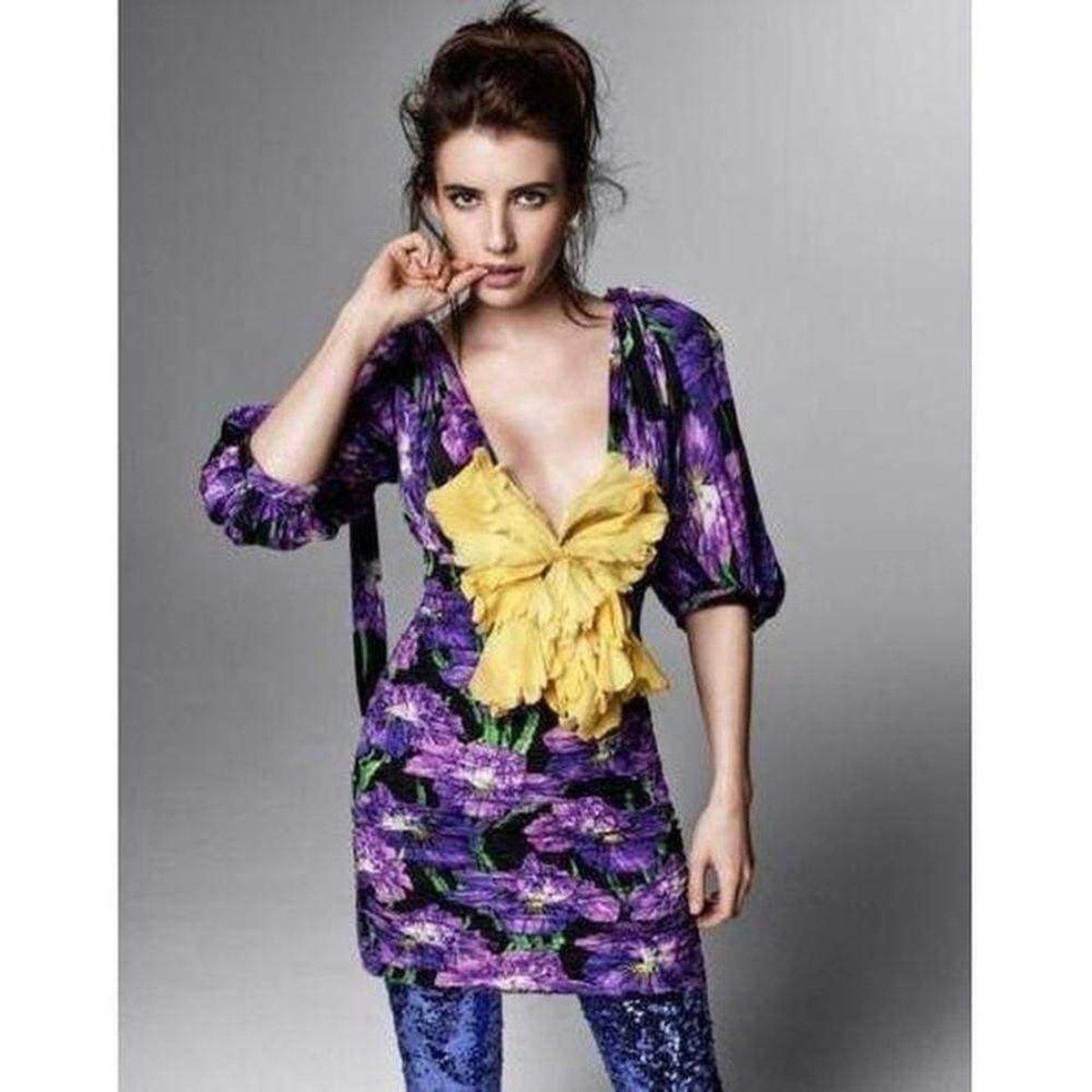 FOLLOW US @RUNWAYCATALOG

Tonal-purple, black, tonal-green, yellow floral print
Deep V-front and back neck
Elbow-length sleeves
Gathered cuffs
Self-fastening shoulder ties
Pleated front and back panels
Centre-front tonal-yellow silk flower