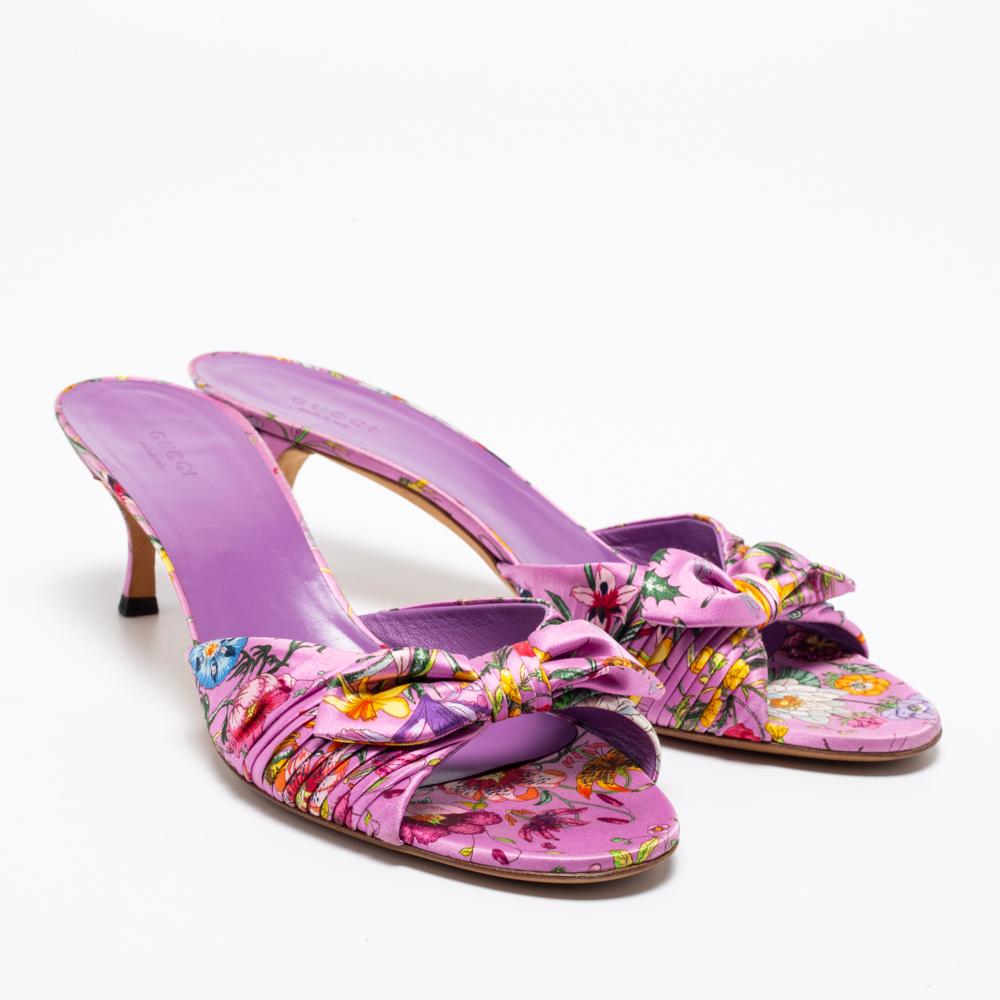 Gucci Purple Floral Print Satin Bow Slide Sandals Size 41 2
