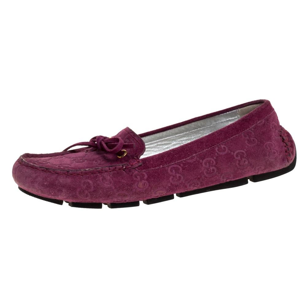 Gucci Purple GG Suede Leather Bow Slip On Loafers Size 36.5 For Sale