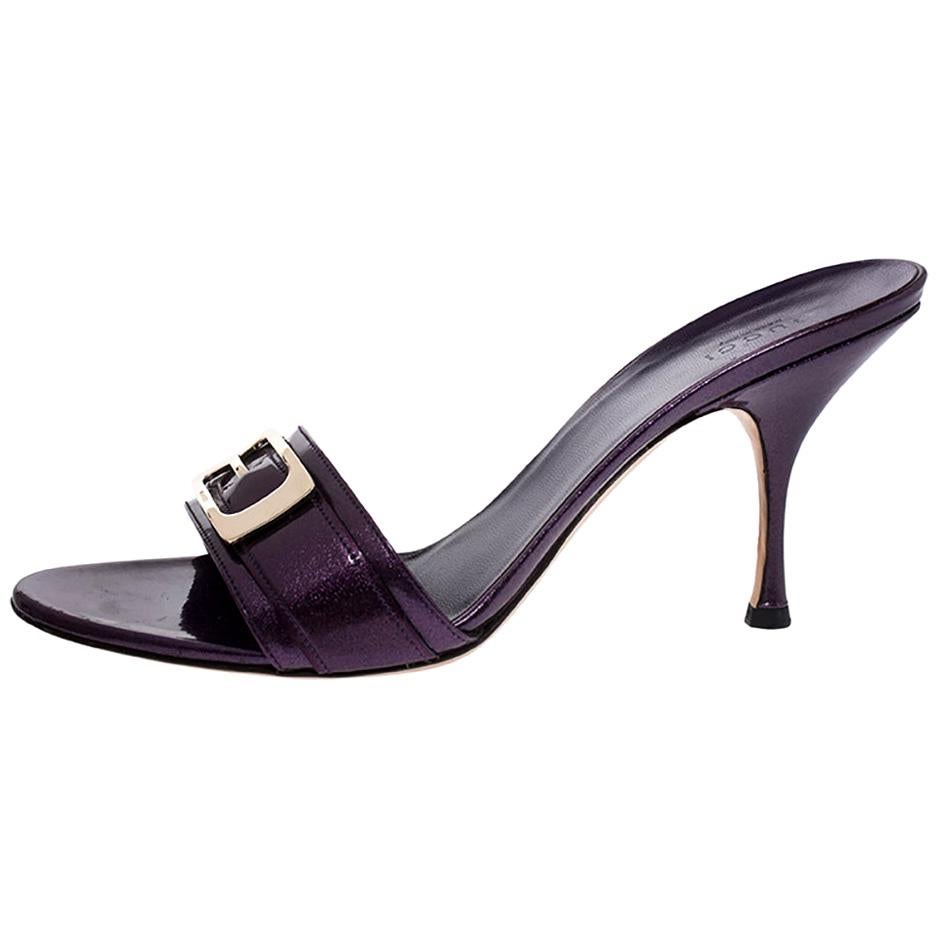 Gucci Purple Glitter Patent Leather Open Toe Sandals Size 39.5