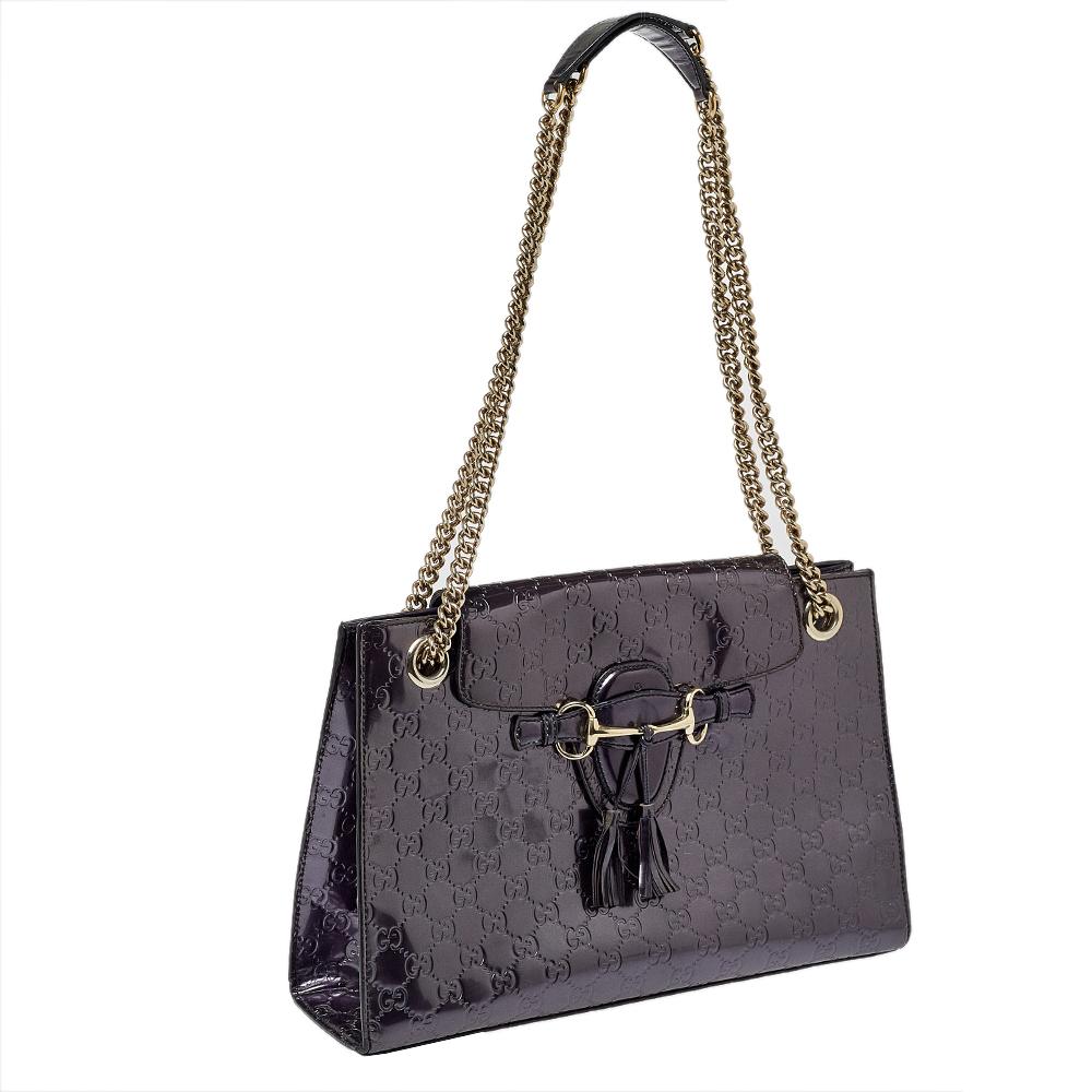 Black Gucci Purple Guccissima Patent Leather Large Emily Chain Shoulder Bag