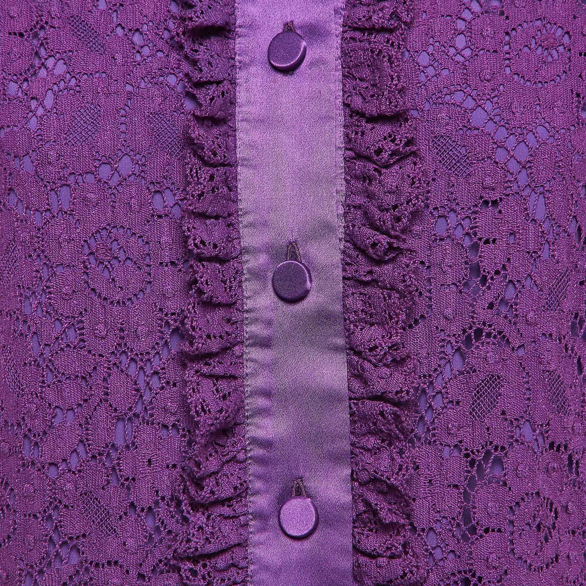 Gucci Purple Lace Satin Trimmed Shirt Dress M In Good Condition In Dubai, Al Qouz 2