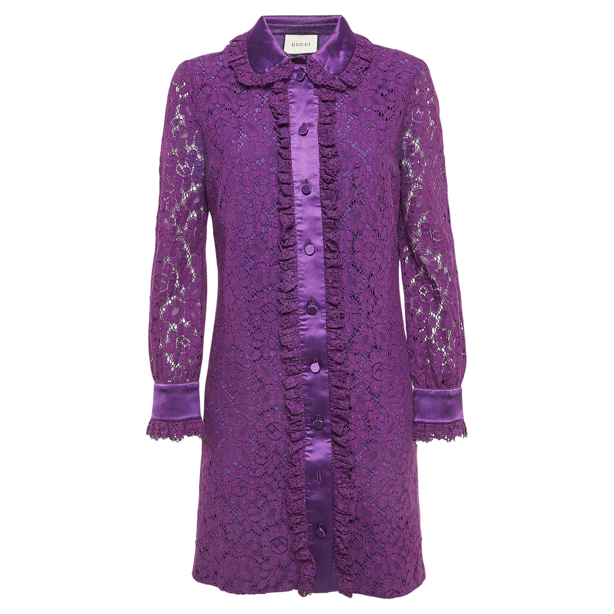 Gucci Purple Lace Satin Trimmed Shirt Dress M For Sale