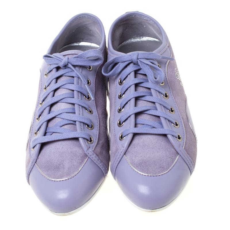 Gray Gucci Purple Leather And Suede Lace Up Low Top Sneakers Size 38.5