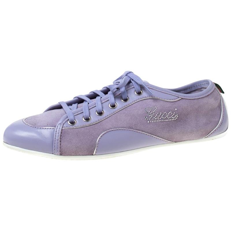 Gucci Purple Leather And Suede Lace Up Low Top Sneakers Size 38.5