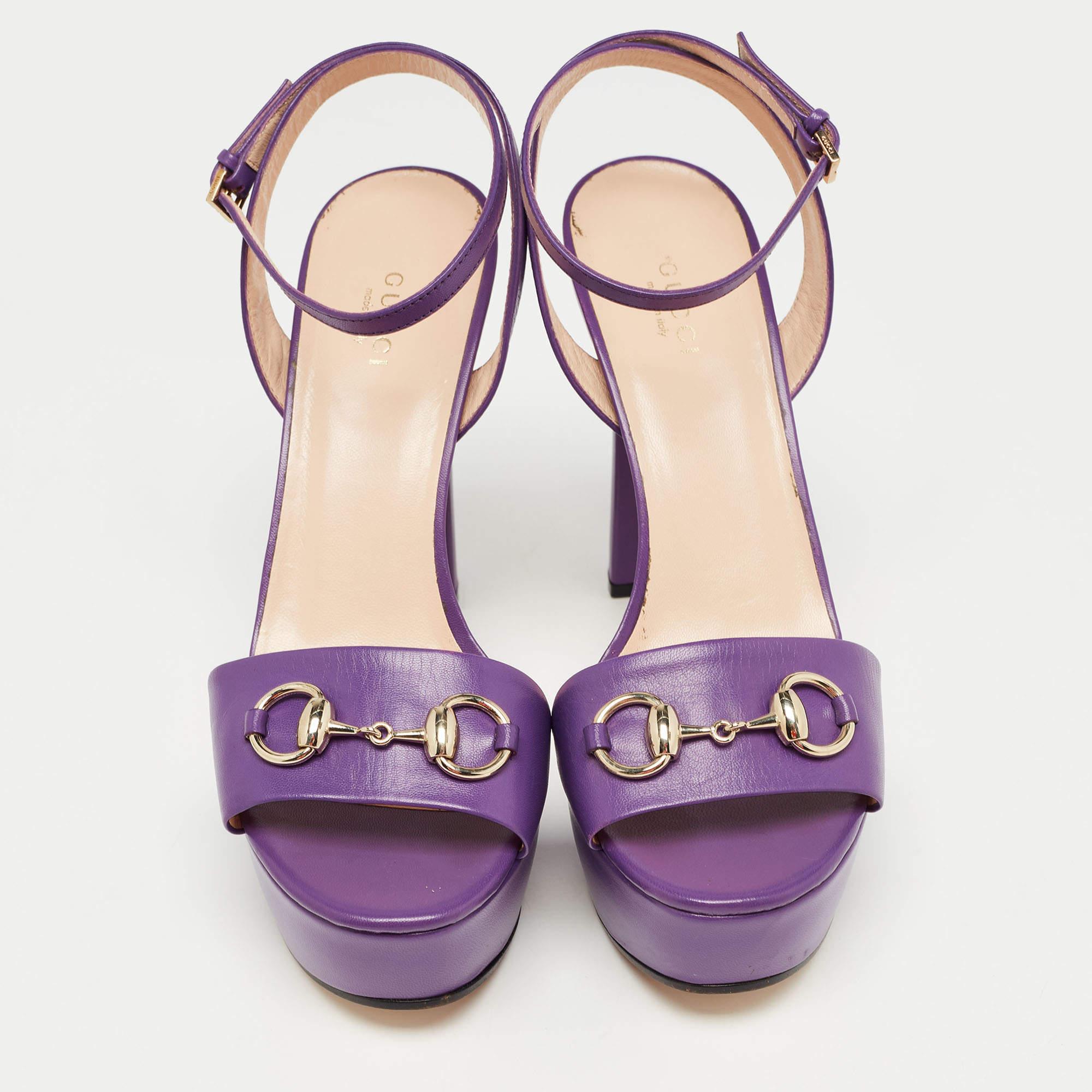 Women's Gucci Purple Leather Claudie Horsebit Platform Ankle Strap Sandals Size 38.5