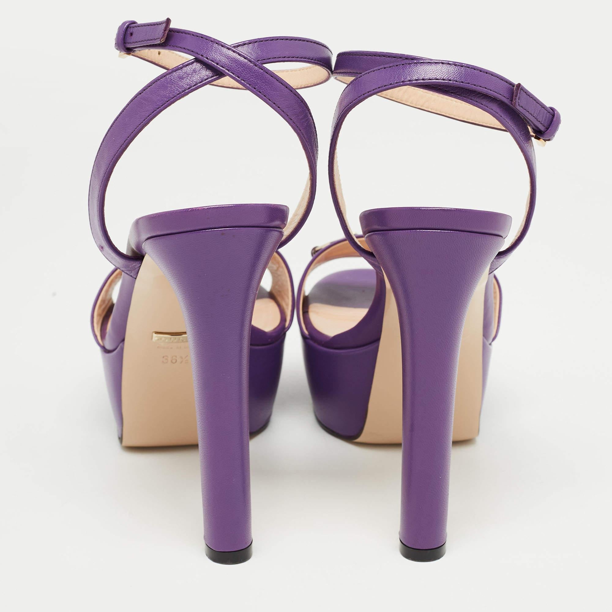 Gucci Purple Leather Claudie Horsebit Platform Ankle Strap Sandals Size 38.5 3