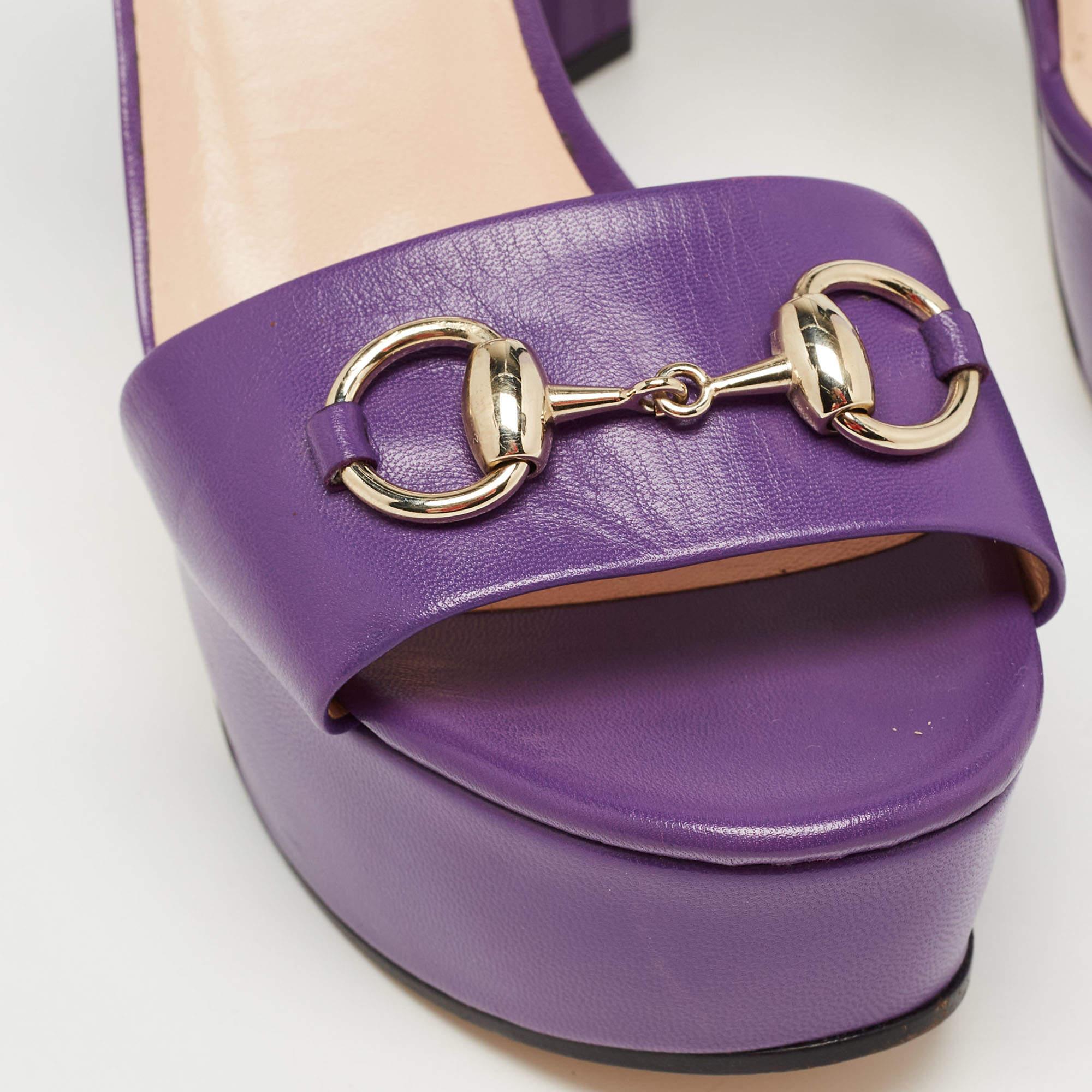 Gucci Purple Leather Claudie Horsebit Platform Ankle Strap Sandals Size 38.5 4