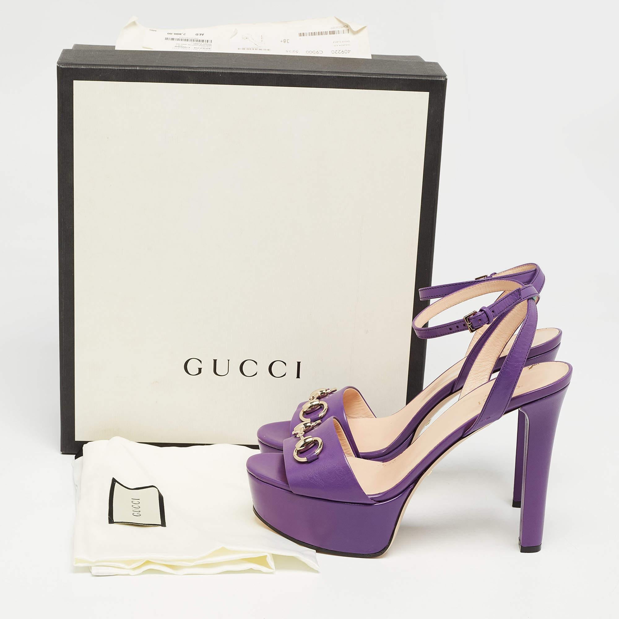 Gucci Purple Leather Claudie Horsebit Platform Ankle Strap Sandals Size 38.5 5