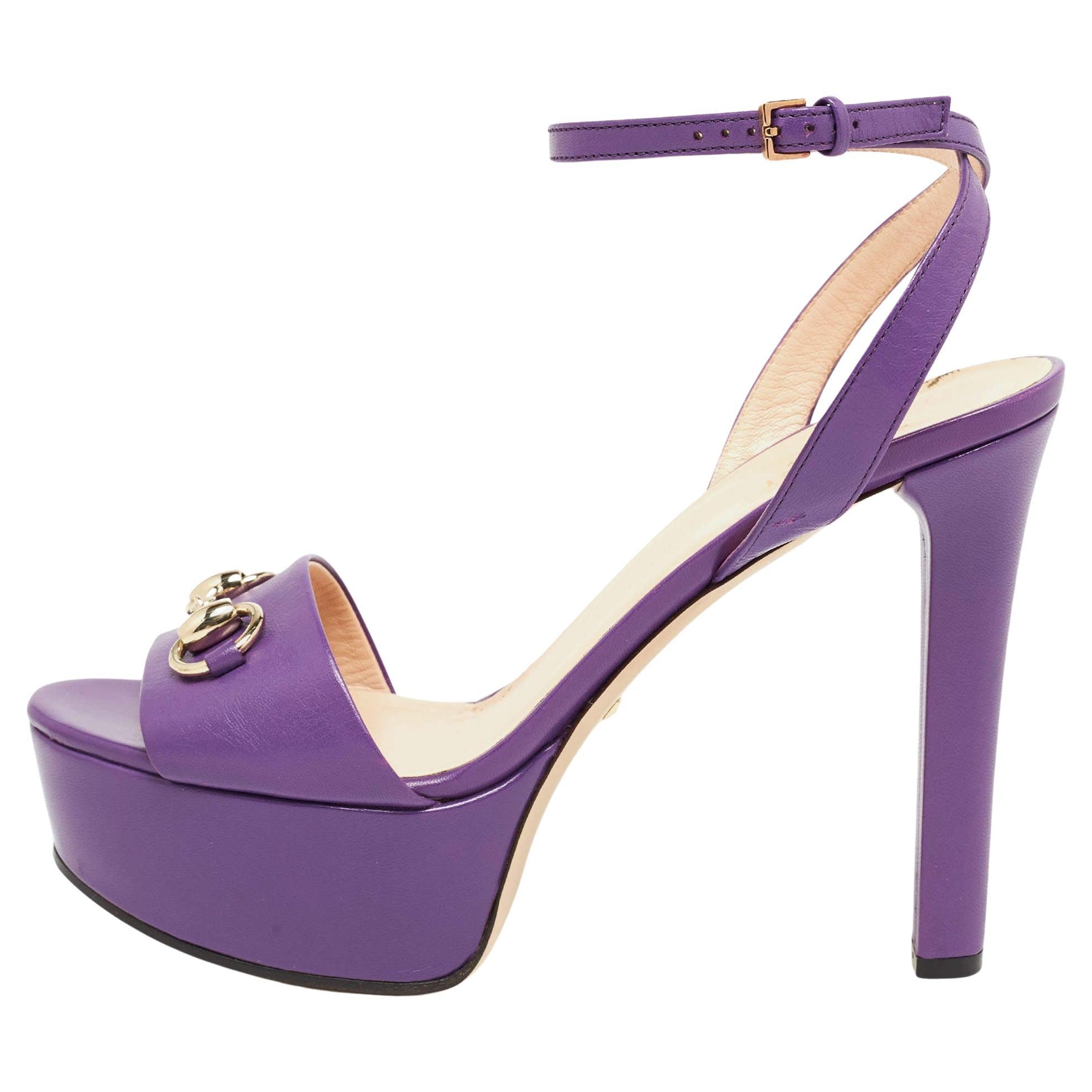 Gucci Purple Leather Claudie Horsebit Platform Ankle Strap Sandals Size 38.5