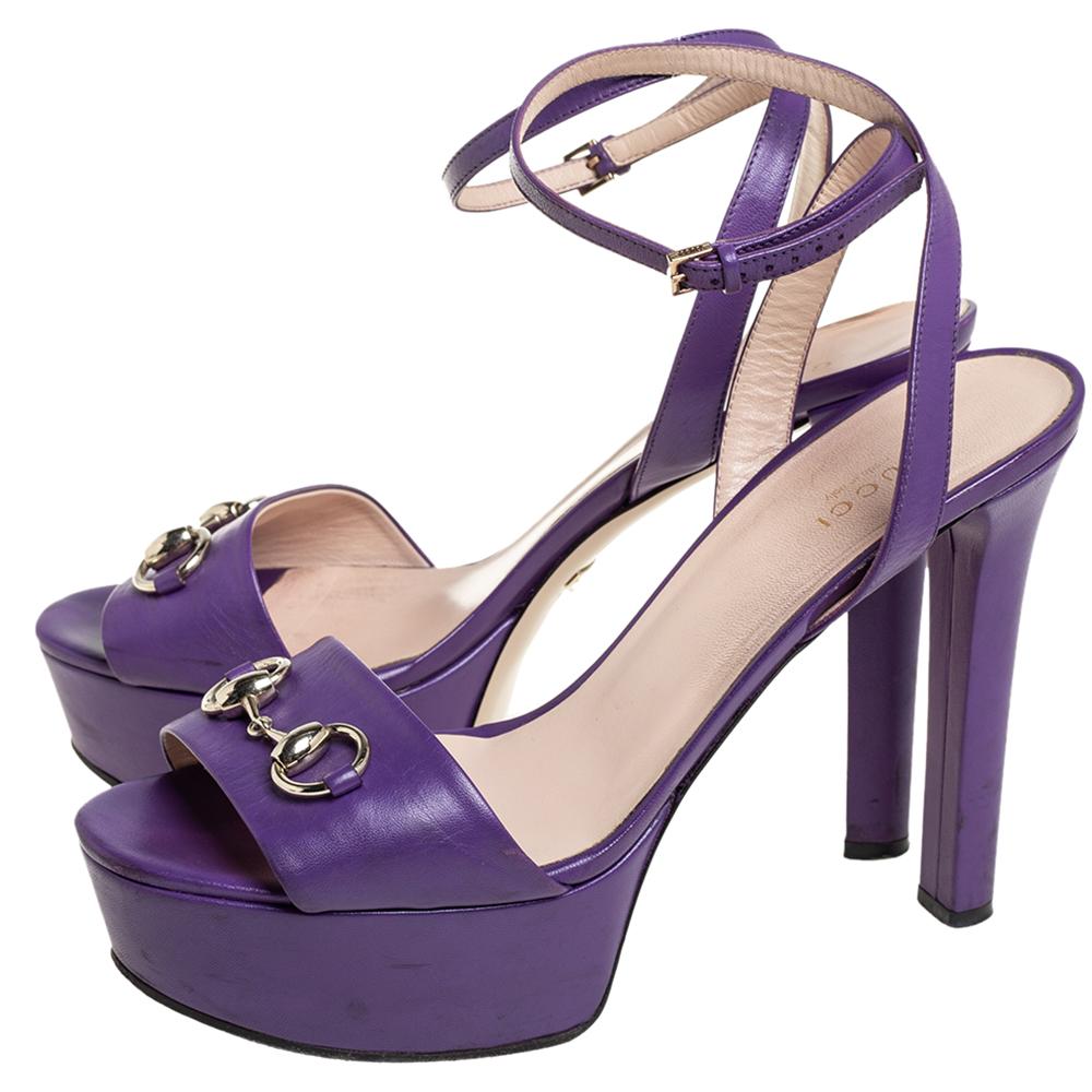 Gray Gucci Purple Leather Horsebit Ankle Strap Platform Sandals Size 40