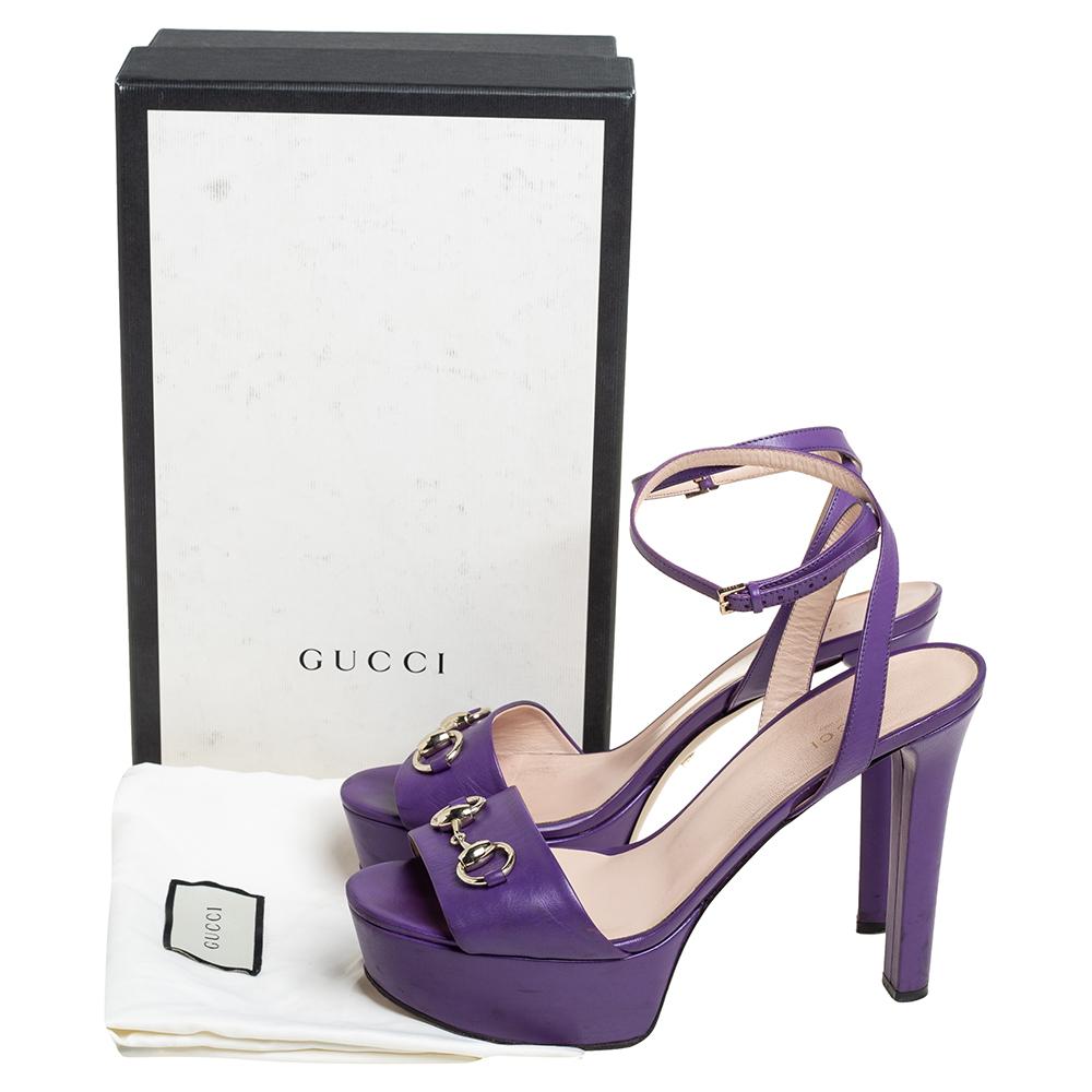 Women's Gucci Purple Leather Horsebit Ankle Strap Platform Sandals Size 40