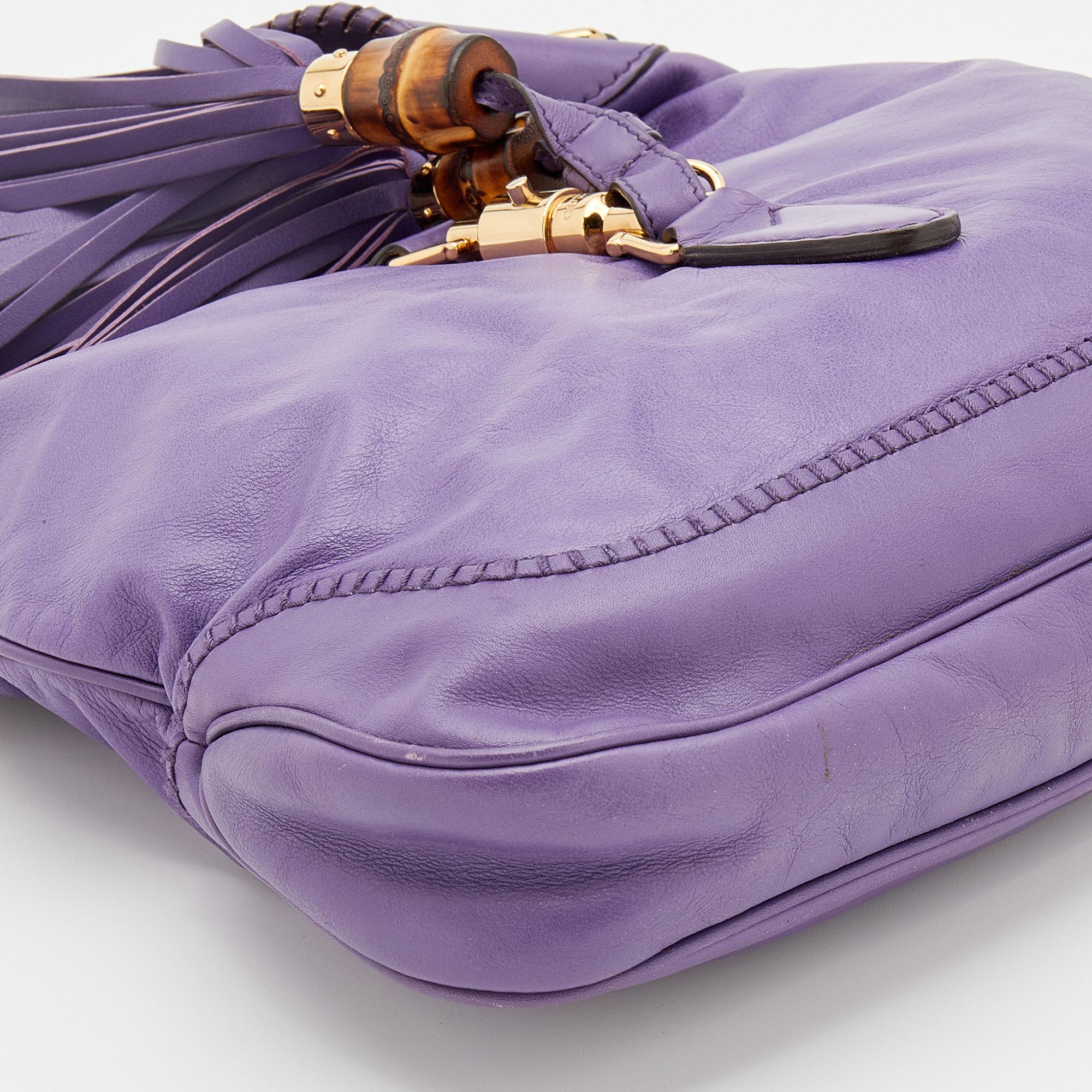 Gray Gucci Purple Leather Jackie Fringes Bamboo Shoulder Bag