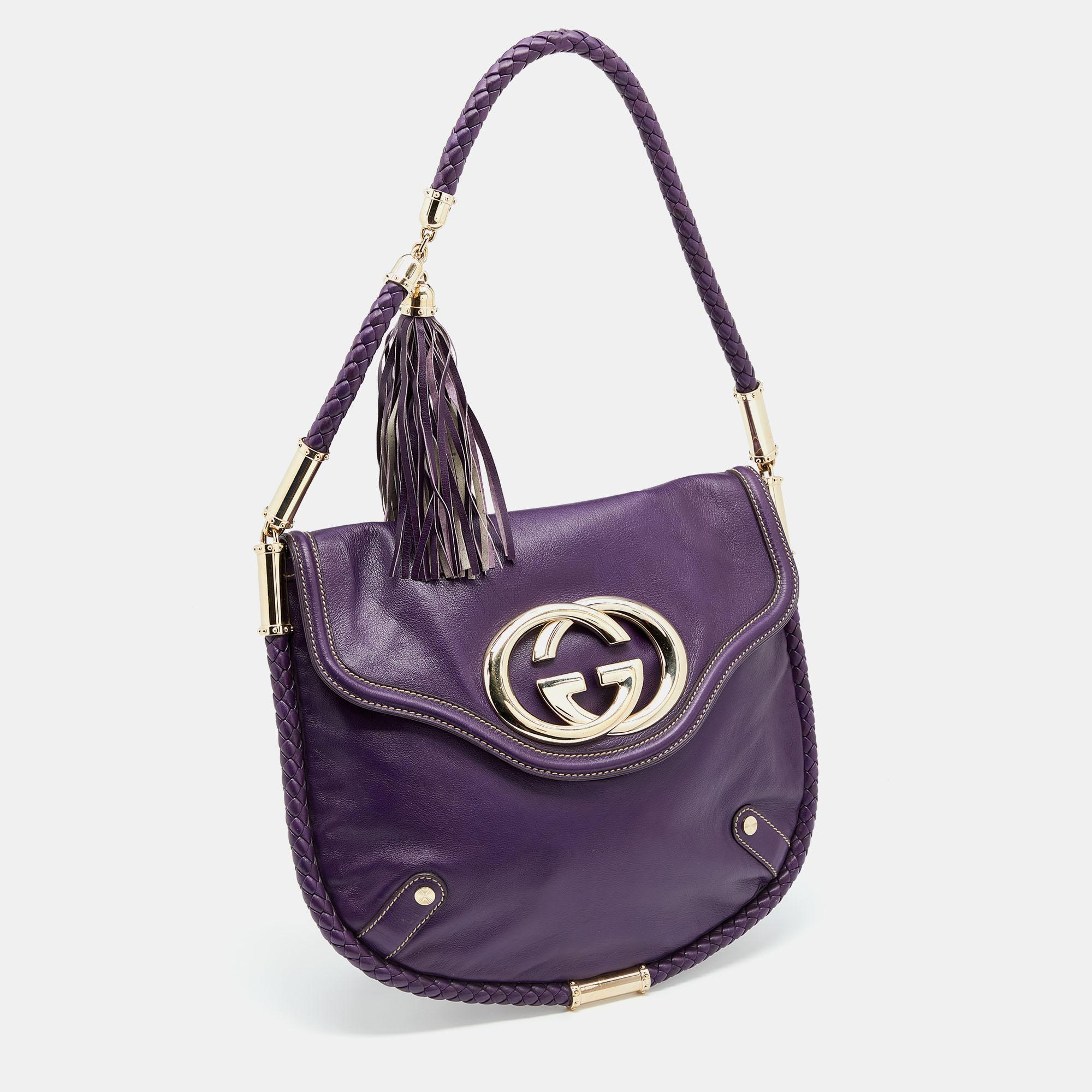 Gucci Purple Leather Medium Britt Shoulder Bag In Good Condition In Dubai, Al Qouz 2