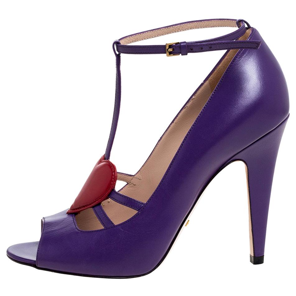 Gucci Purple Leather Molina Heart T Strap Pumps Size 37 at 1stDibs
