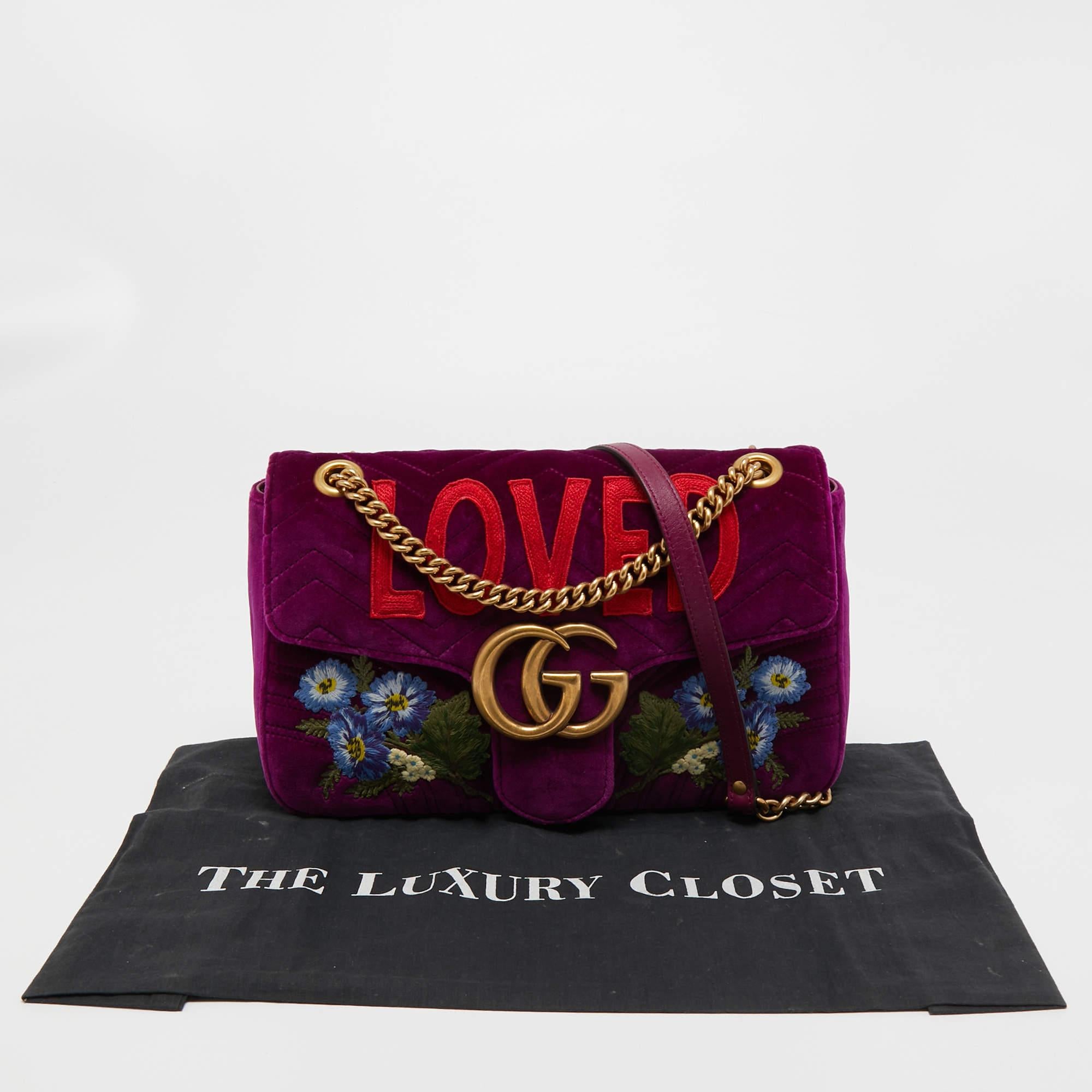 Gucci Purple Love Embroidered Matelassé Velvet Medium GG Marmont Shoulder Bag 9