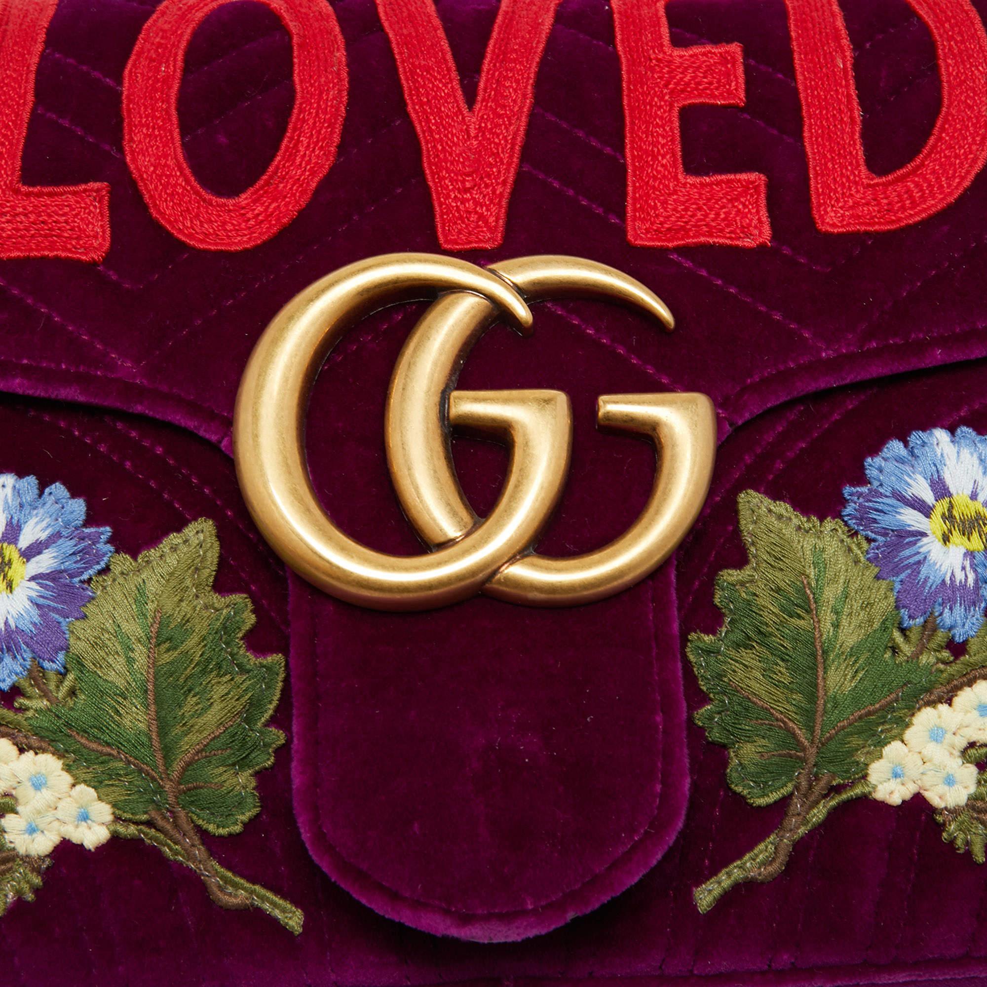 Women's Gucci Purple Love Embroidered Matelassé Velvet Medium GG Marmont Shoulder Bag