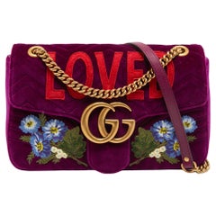 Gucci Purple Love Embroidered Matelassé Velvet Medium GG Marmont Shoulder Bag