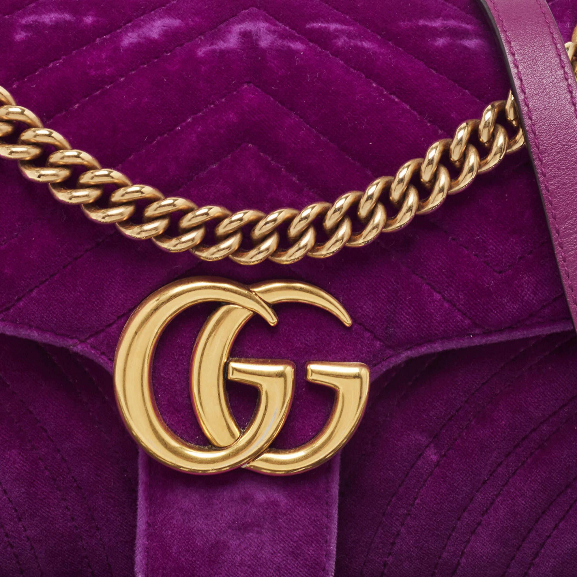 Gucci Purple Matelassé Velvet Small GG Marmont Shoulder Bag For Sale 4
