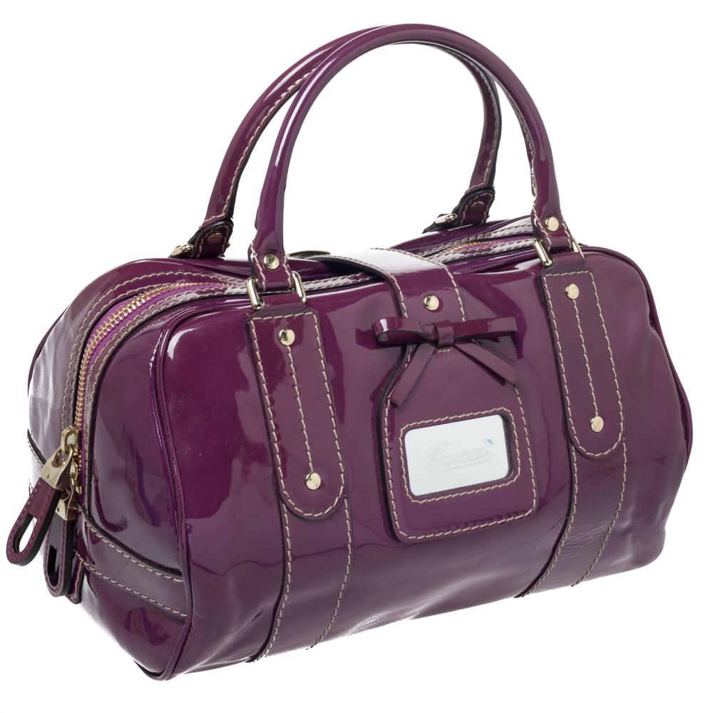 Gucci Purple Patent Leather Boston Bag In Good Condition In Dubai, Al Qouz 2