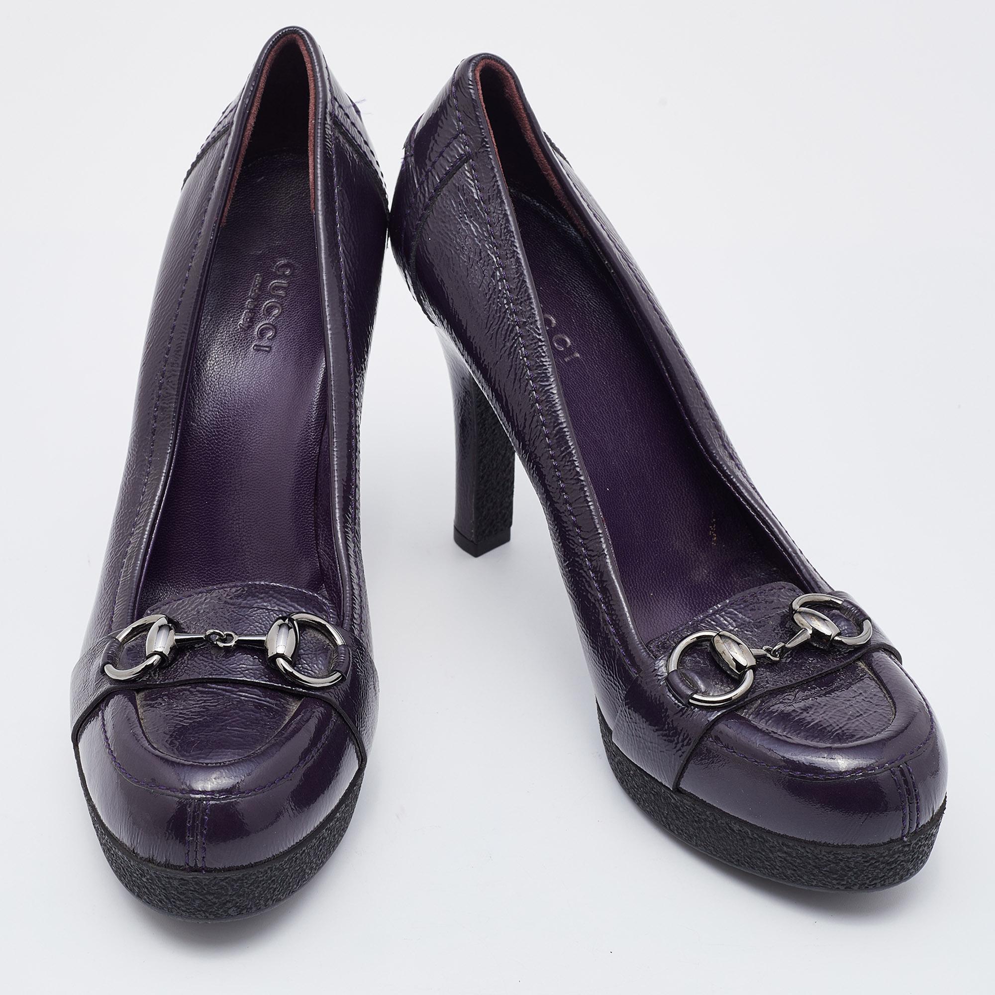 Women's Gucci Purple Patent Leather Horsebit Platform Loafer Pumps Size 37.5