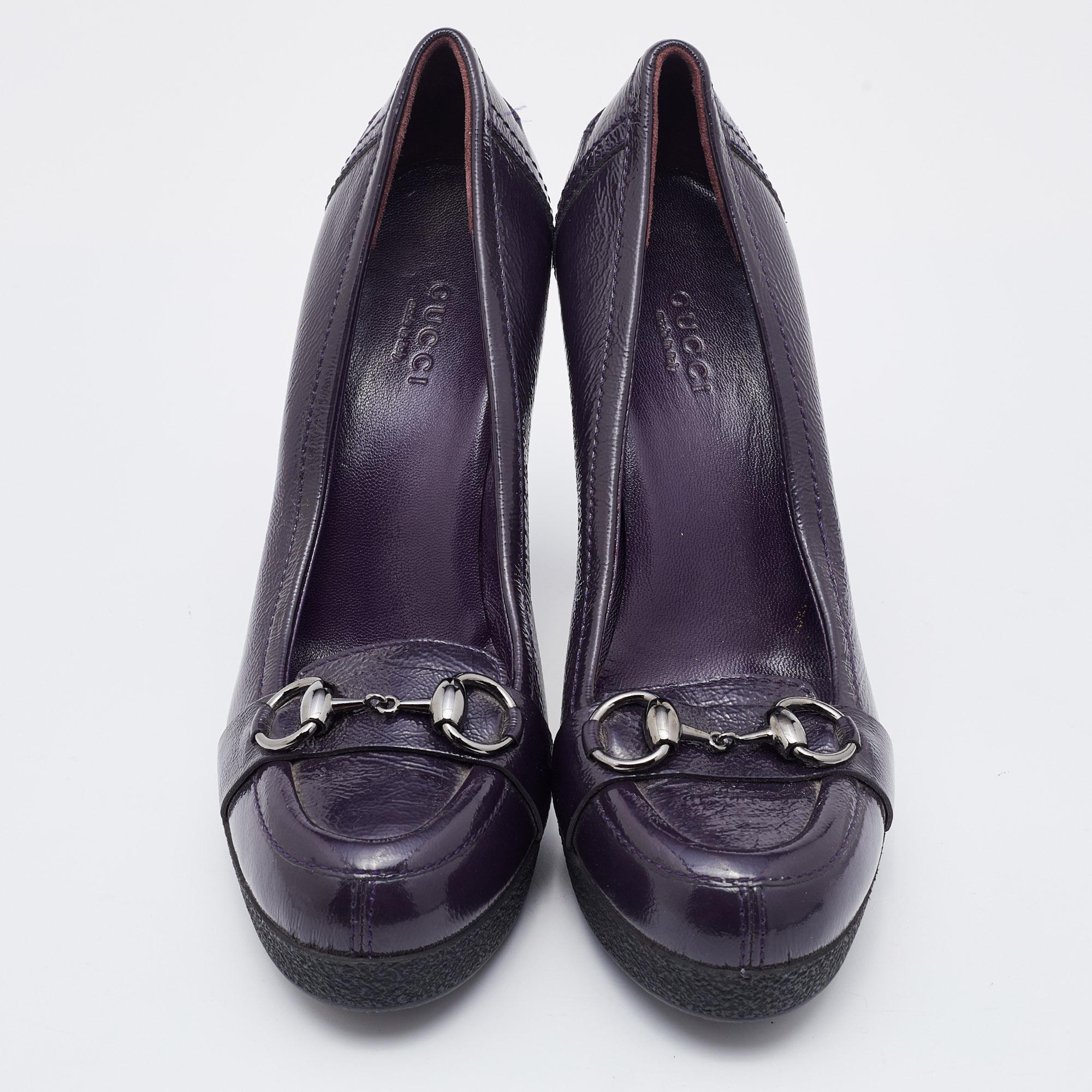 Gucci Purple Patent Leather Horsebit Platform Loafer Pumps Size 37.5 1