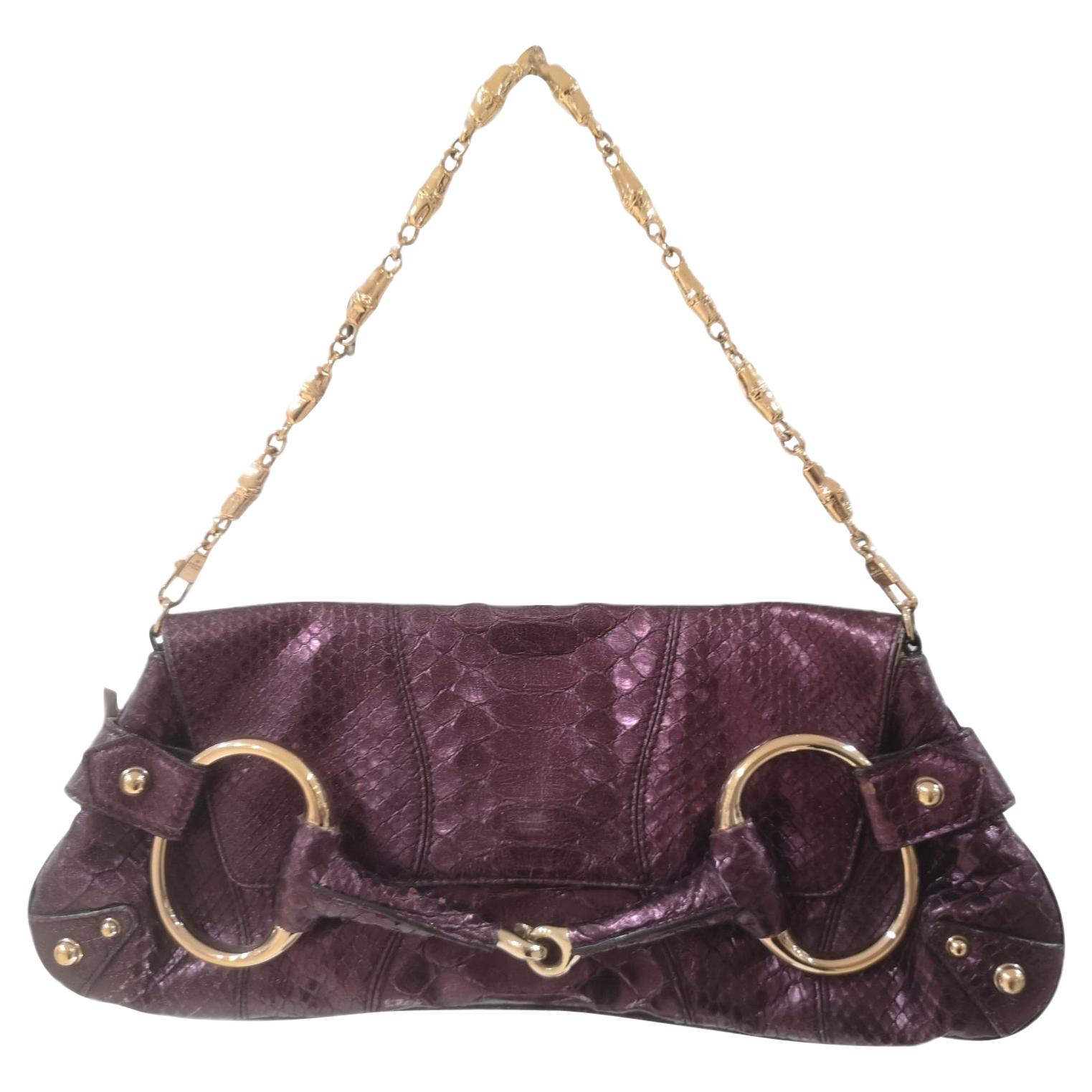 Gucci purple python horsebit bamboo shoulder bag For Sale at 1stDibs
