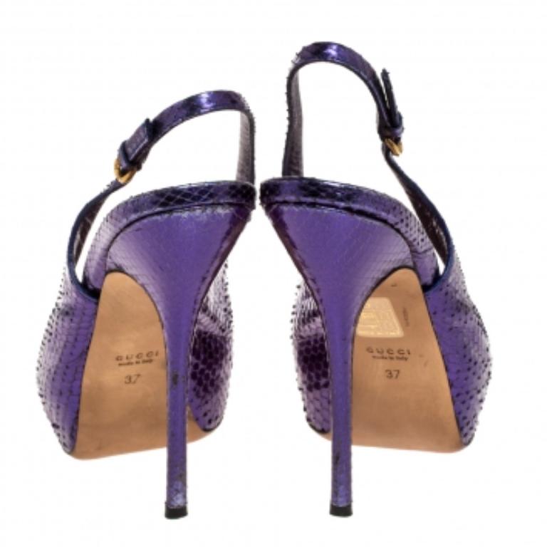 Gucci Purple Python Leather Sofia Platform Peep Toe Slingback Sandals Size 37 For Sale 3