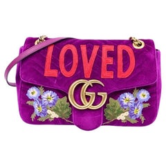 Gucci Purple Quilted Velvet Embroidered LOVED Medium Marmont Bag