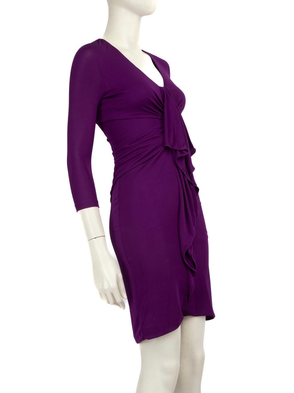 CONDITION is Very good. Minimal wear to dress is evident. Minimal wear to the left sleeve hem, with some unstitched areas on this used Gucci designer resale item.
 
 
 
 Details
 
 
 Purple
 
 Viscose
 
 Dress
 
 Mini
 
 Long sleeves
 
 V-neck
 
