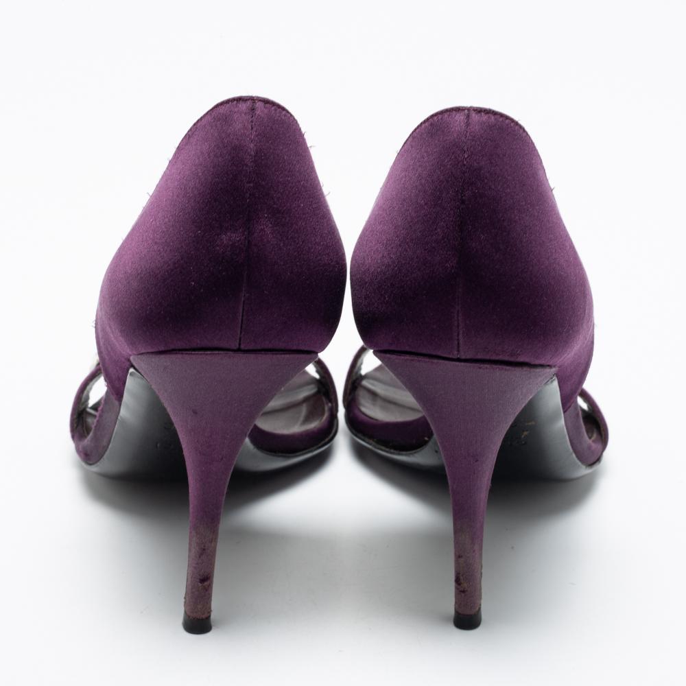 Gucci Purple Satin Crystal Embellished D'orsay Sandals Size 37.5 For Sale 3