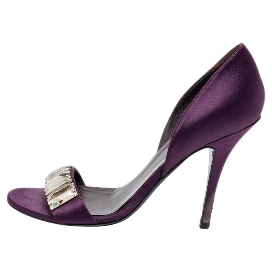 Gucci Purple Satin Crystal Embellished D'orsay Sandals Size 37.5 For Sale