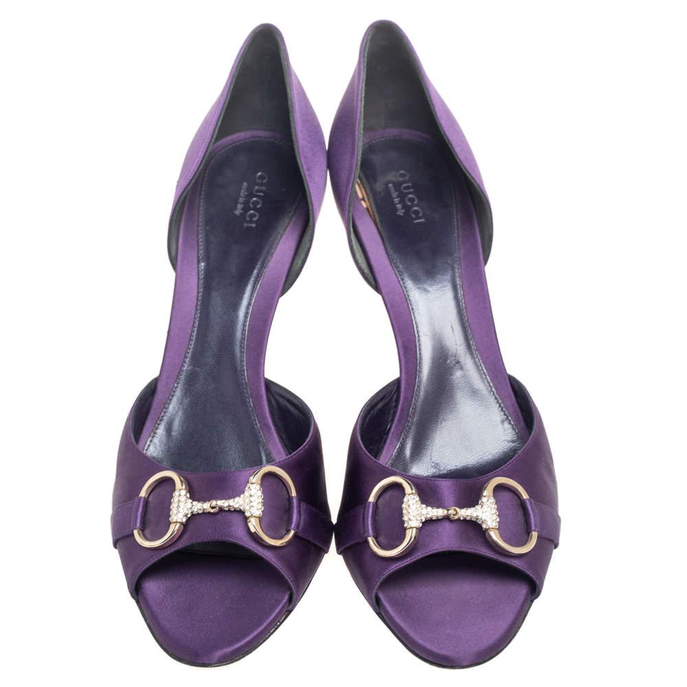 Gray Gucci Purple Satin Horsebit Peep-Toe Sandals Size 41 For Sale
