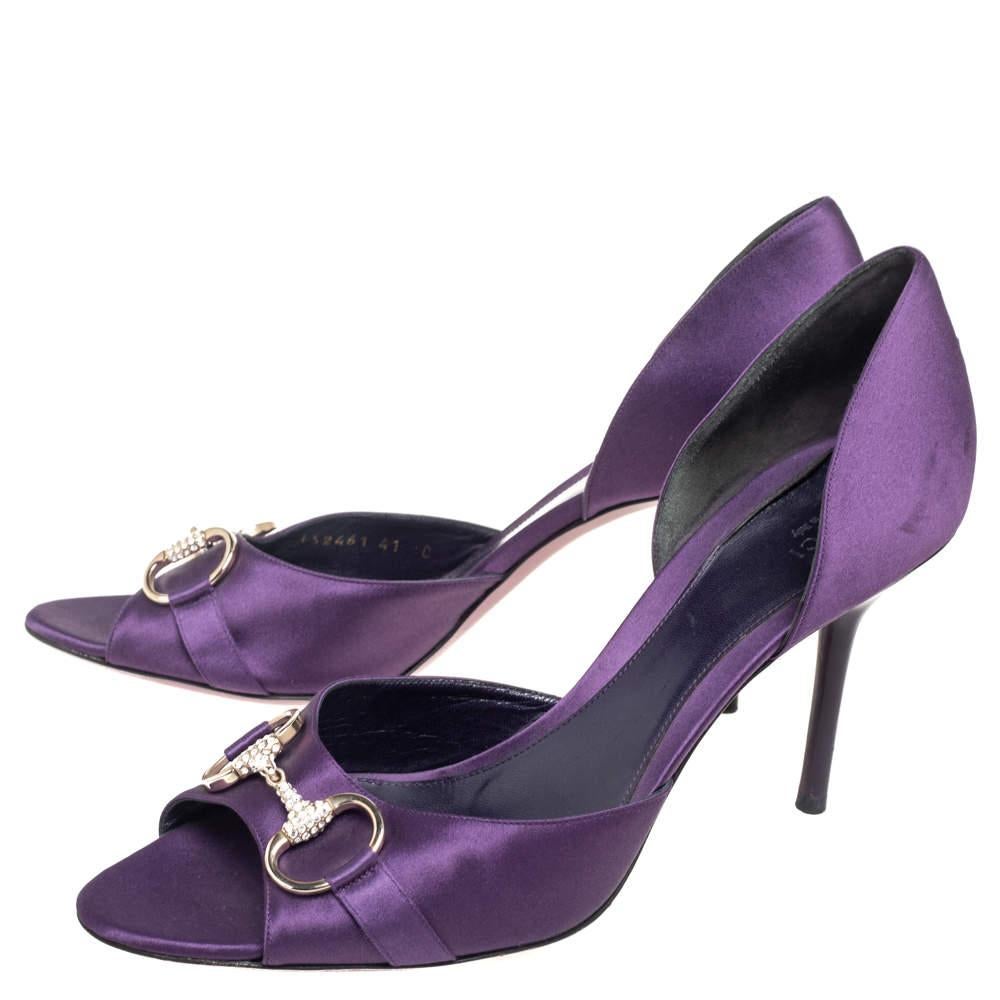 Women's Gucci Purple Satin Horsebit Peep-Toe Sandals Size 41 For Sale