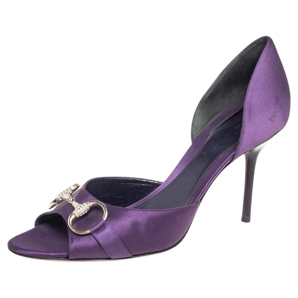 Gucci Purple Satin Horsebit Peep-Toe Sandals Size 41 For Sale