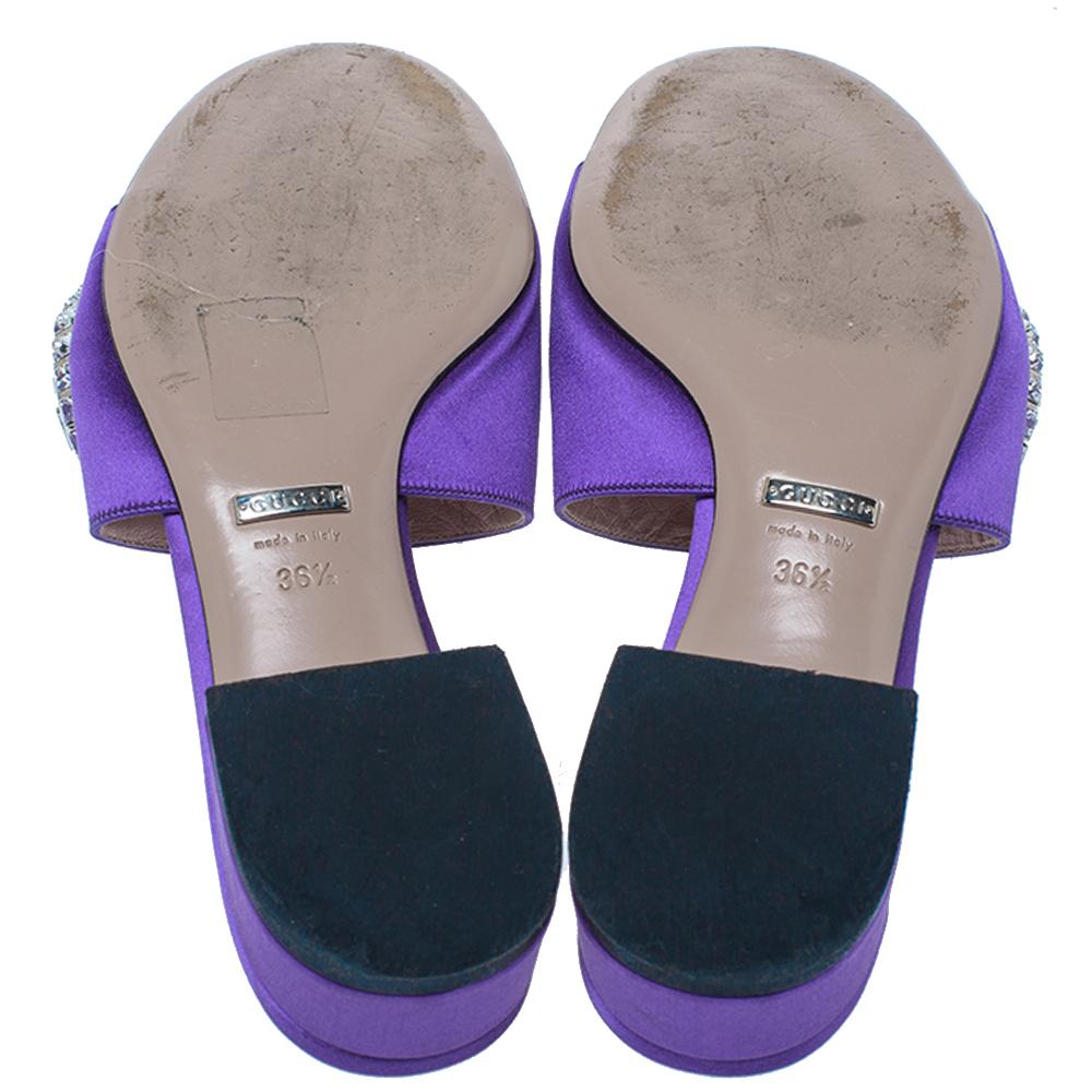 Women's Gucci Purple Satin Maxime Crystal Icon Bit Open Toe Slides Sandals Size 36.5