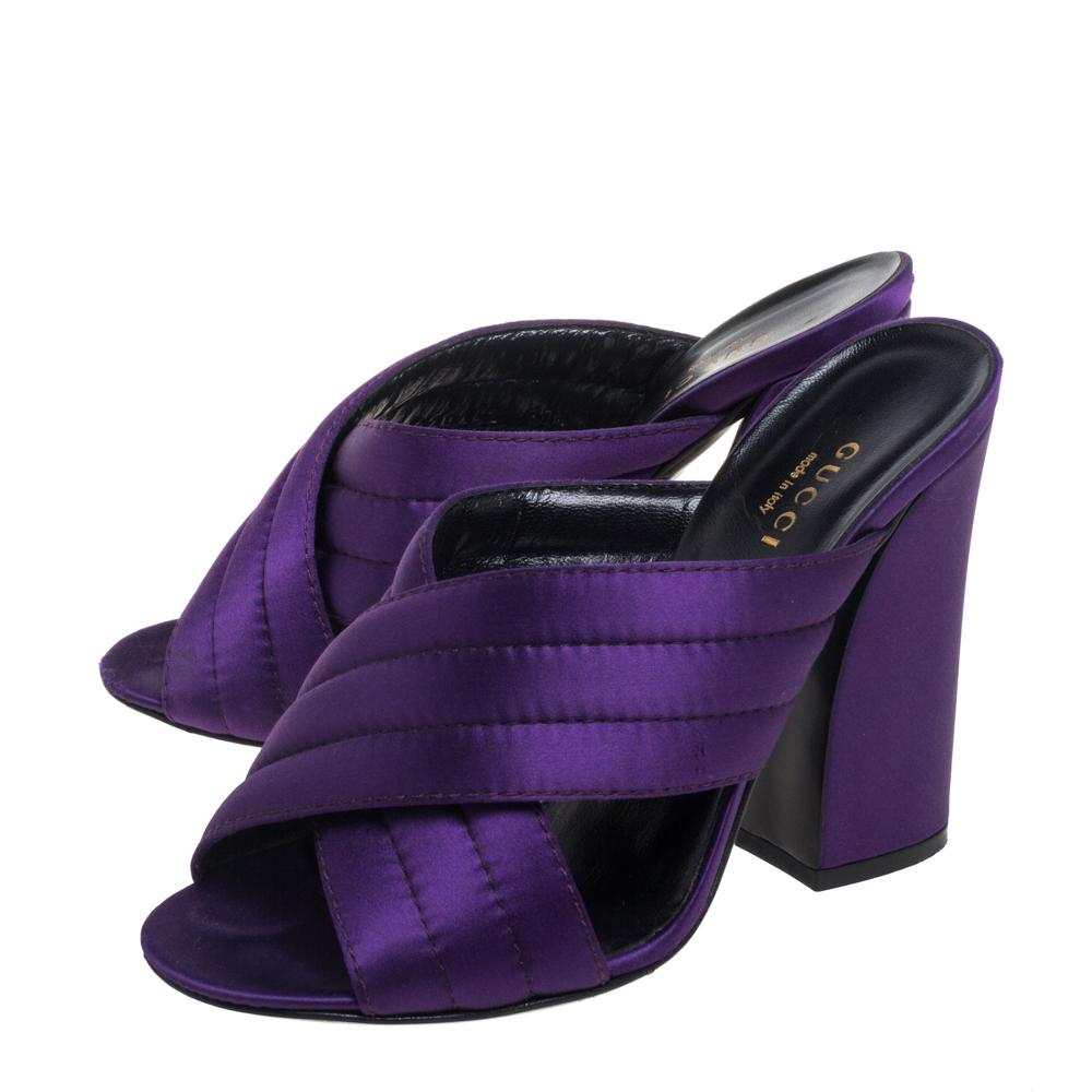 Gucci Purple Satin Webby Quilted Block CrissCross Sandals Size 37.5 2