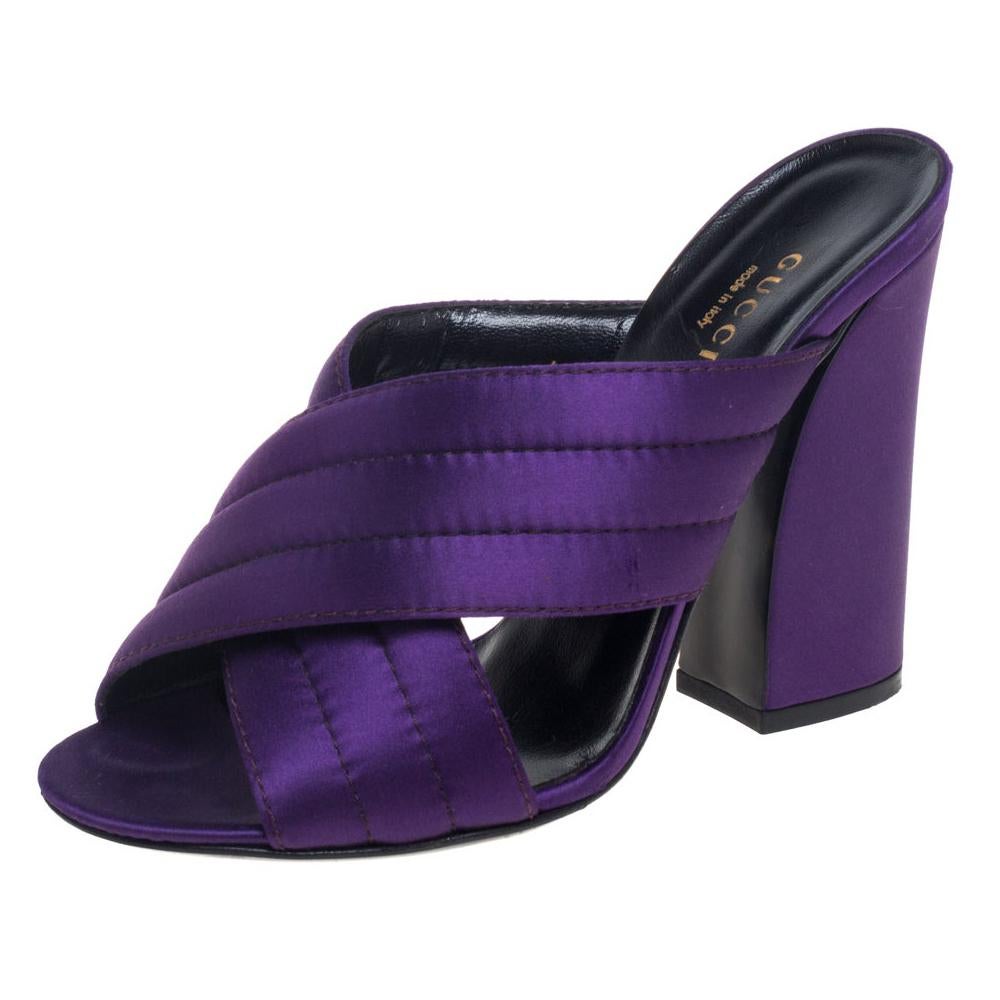 Gucci Purple Satin Webby Quilted Block CrissCross Sandals Size 37.5