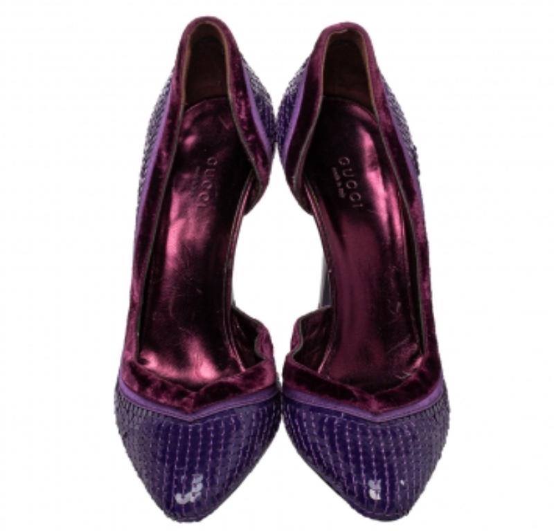 Black Gucci Purple Sequined Satin And Velvet Half D'orsay Pumps Size 38.5 For Sale
