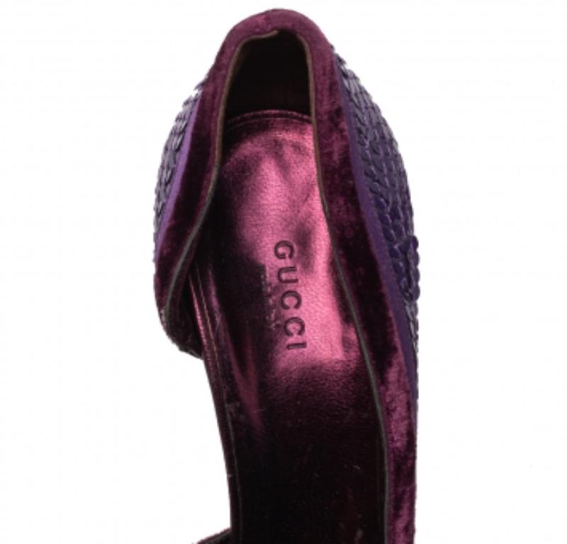 Gucci Purple Sequined Satin And Velvet Half D'orsay Pumps Size 38.5 For Sale 1
