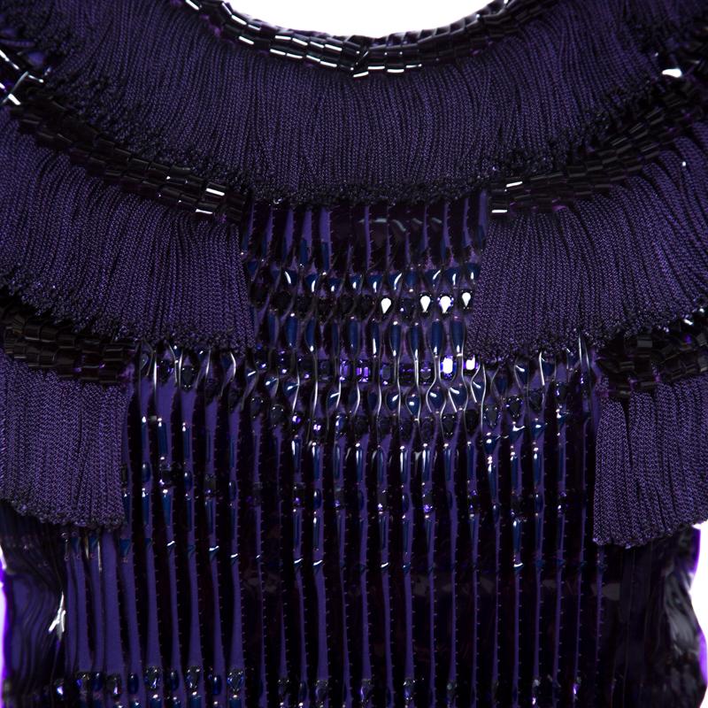 Black Gucci Purple Silk Embellished Fringe Detail Dress M
