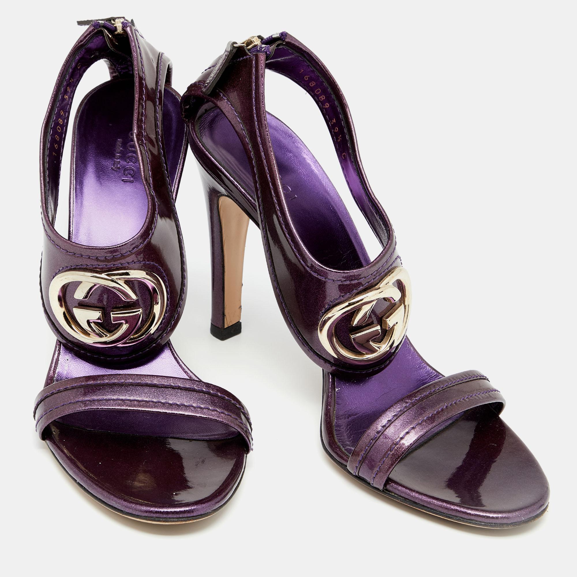 Gray Gucci Purple Speckling Patent Leather Interlocking G Ankle Strap Sandals Size 39