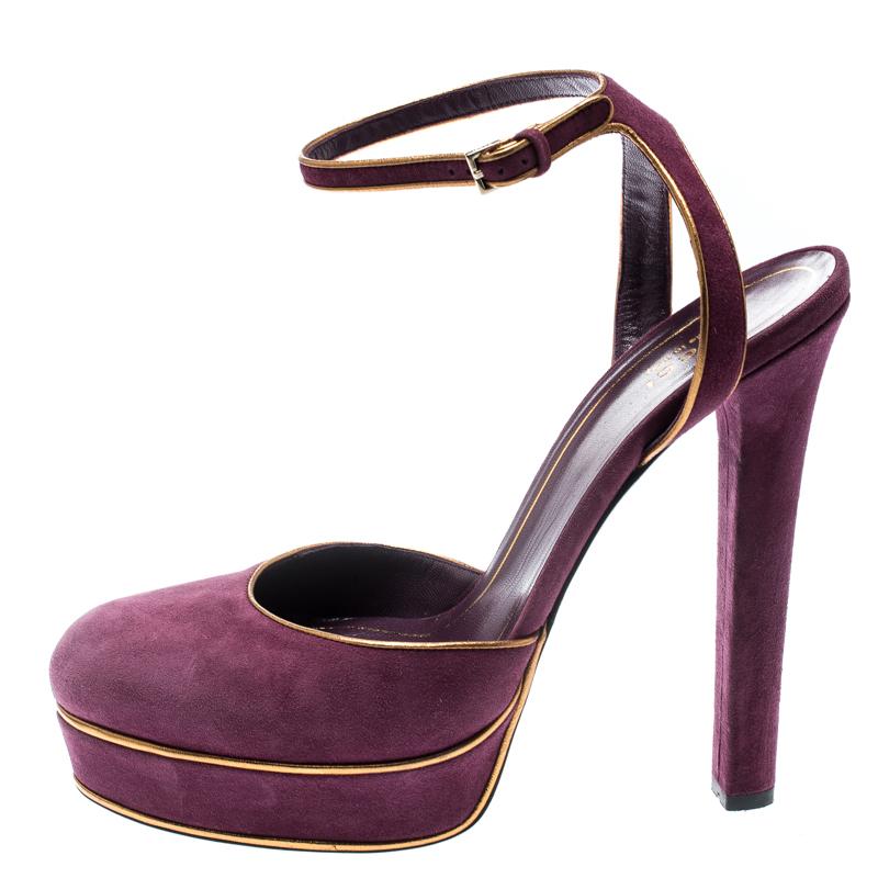 Keep your comfort at a maximum with these beautiful suede sandals. The platforms and high heels add style to your basic pair of sandals. These sandals from Gucci are one of a kind in trendy women's footwear. These purple sandals are perfect for a