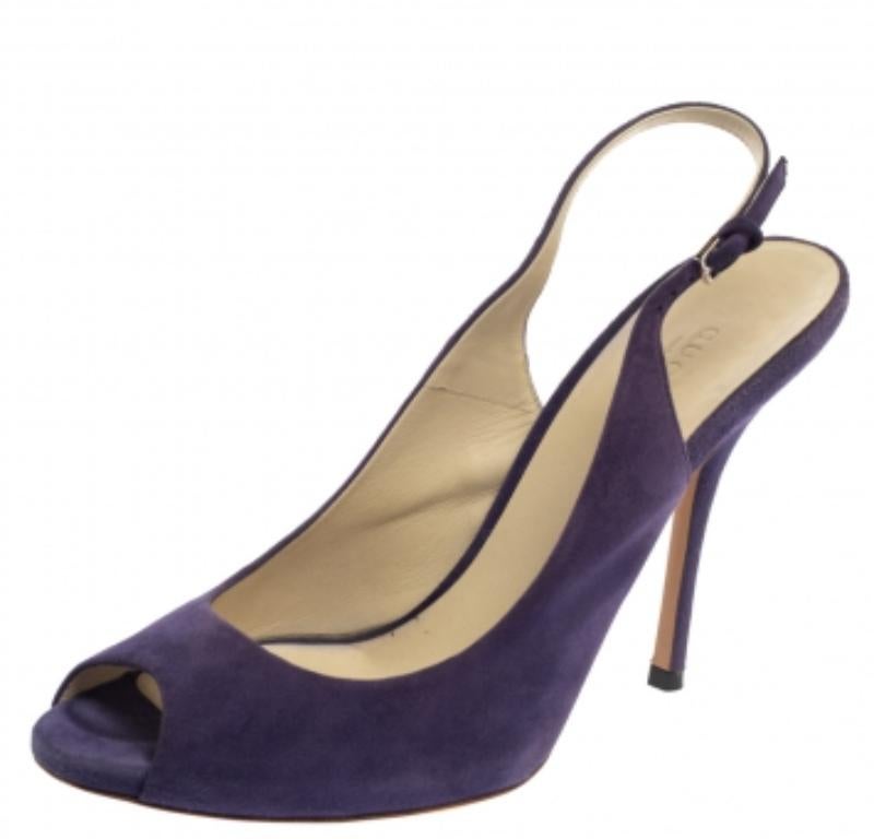 Gucci Purple Suede Peep Toe Slingback Sandals Size 38 In Fair Condition For Sale In Dubai, Al Qouz 2
