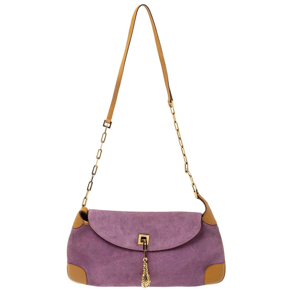 Gucci Purple/Tan Suede and Leather Tiger Charm Shoulder Bag